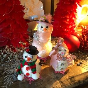 Festive Snowman Figurine Set - Pink and White